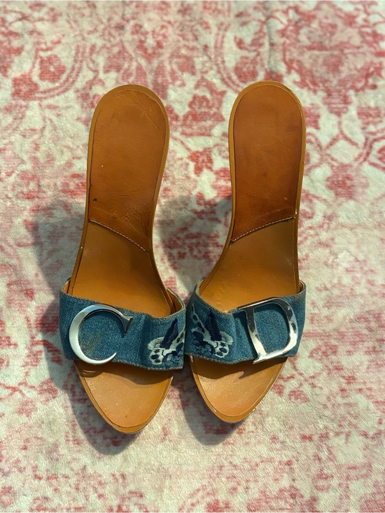 Shoes - Denim Slide Sandals with Silver Buckle - Women's Brown Insole